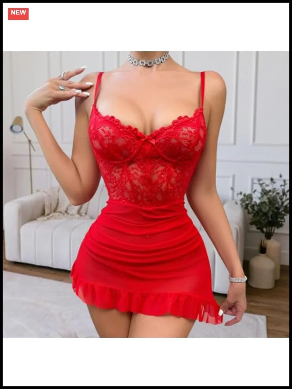 Lace Babydoll Chemise Lingerie Set with Adjustable Spaghetti Straps and Thong